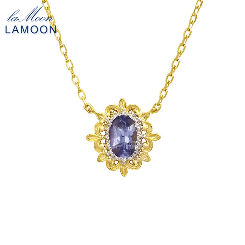 LAMOON Hollowed Lace Natrual Tanzanite Pendant Necklace For Women Vintage Aesthetic 925 Sterling Silver Gold Plated Fine Jewelry