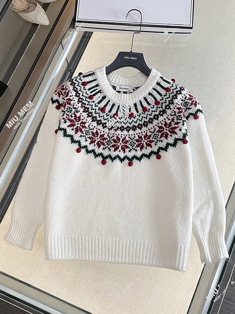 

Miumem, повседневный вязаный топ, мягкий рукав, ранняя весна, европейская мода, женская высококачественная пряжа, ткань, цветочный узор, простой для поездок на работу