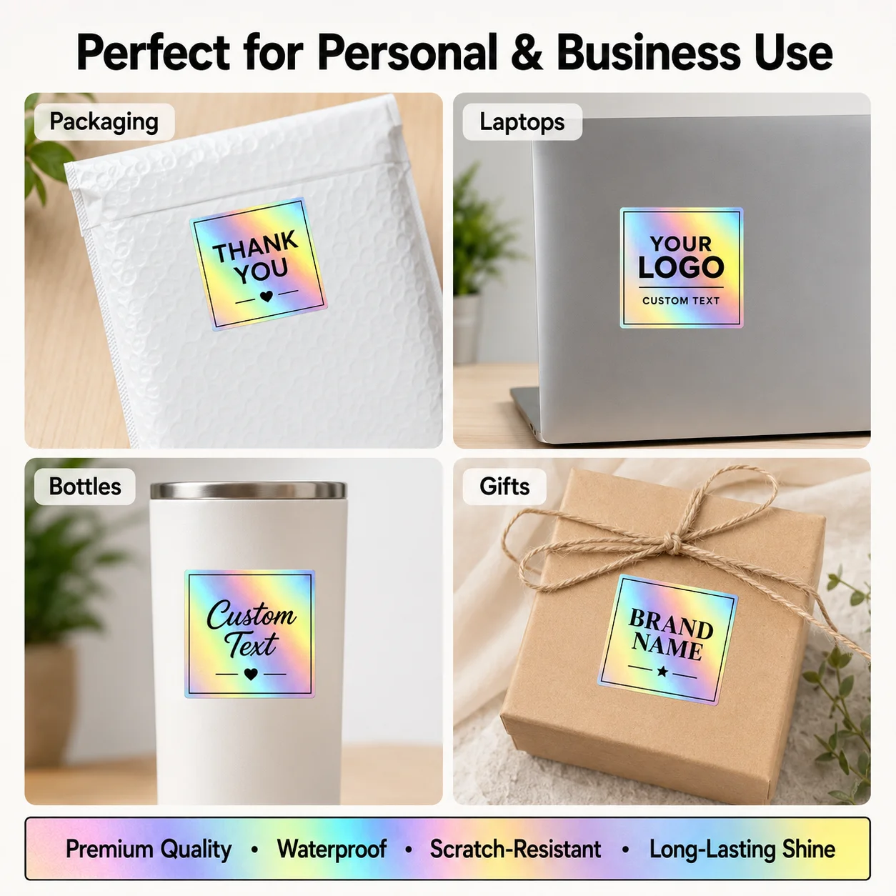Customizable Square Holographic Stickers, Waterproof Rainbow Logo Stickers for Business, Packaging, Weddings - Personalized Logos and Text, Durable Plastic Suitable for Daily Office Use, Office Supplies, Vibrant Stickers, Custom Stickers, Various Size and Quantity Options.