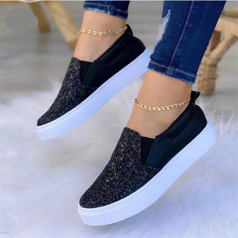 Women Shoes Crystal Slip on Flat Spring Loafers Ladies Autumn Glitter Platform Fashion Moccasins Sneakers Tennis Female Slip-On