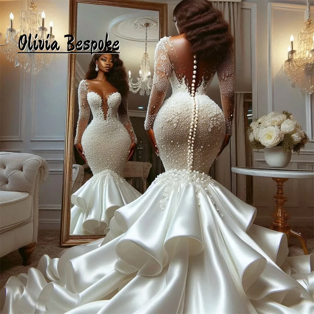 

Unique Ivory Aso Ebi Mermaid Wedding Dresses For Bride Long Sleeve Luxury Beadings Pearls African Bridal Dress 2024 Customized