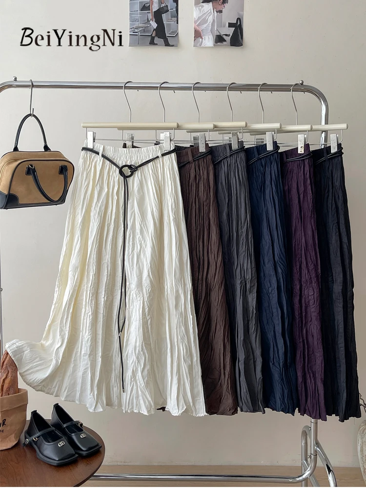 Beiyingni Jesienno-zimowe plisowane długie spódnice damskie z paskami, retro, jednolite, w stylu japońskim, damskie spódnice midi w kształcie litery A, Faldas