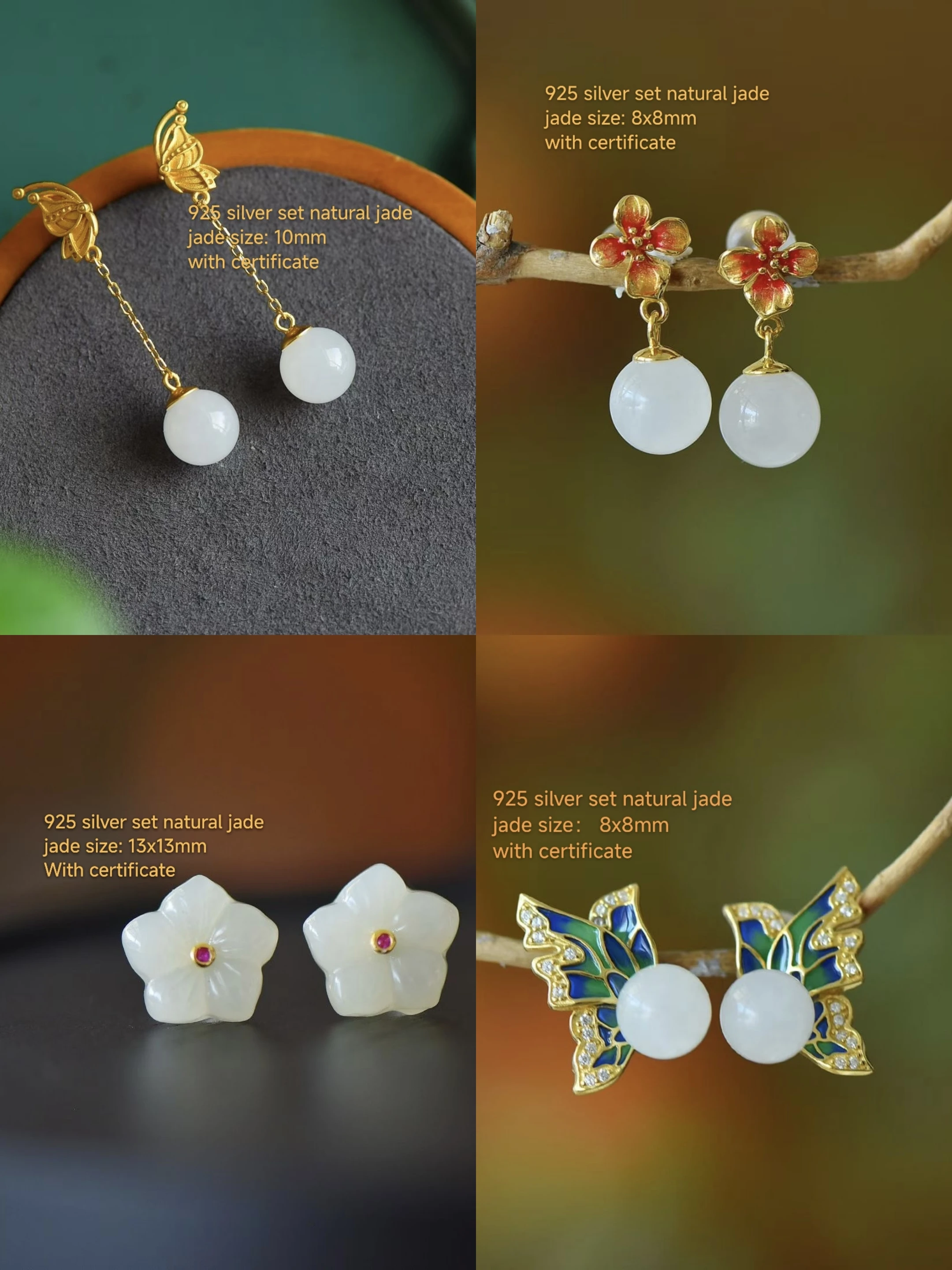 

Certificated Vintage Fashion 925 Silver Set Natural White Jade Flower Ear Stud Real Nephrite Drop Dangle Tassel Earring Jewelry