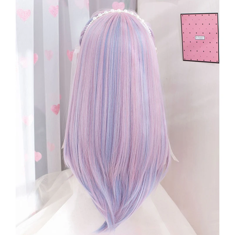 VICWIG Lolita Wig Synthetic With Bangs for Women Long Straight Pink Purple Hair Wig Cosplay Party Heat Resistant