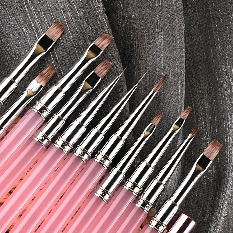 1/12PCS Roze Acryl Handvat Nail Art Brush Driehoekige Tekening Schilderen Lijn Pen Liner Franse Manicure Gereedschap