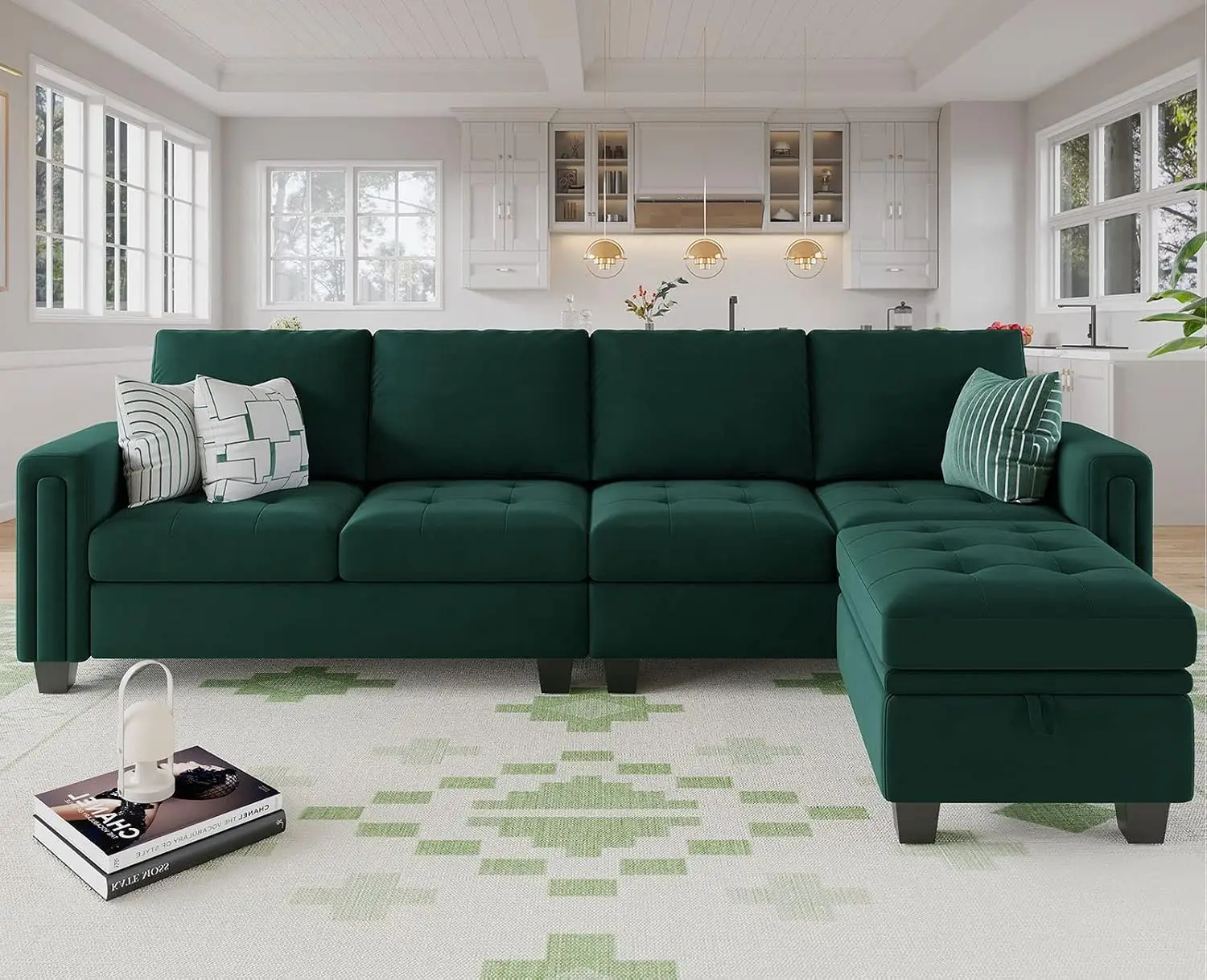Velvet Reversible Sectional Sofa with Chaise Convertible L Shaped 4-seat with Storage Ottoman, Customized
