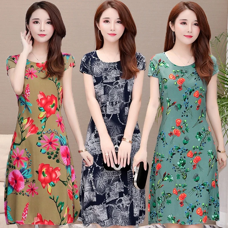 

Summer Mid-Length Cotton Silk Dress Women's Outerwear Sleepwear plus Size Mom Sleep Dress Slimming Effect Floral Print