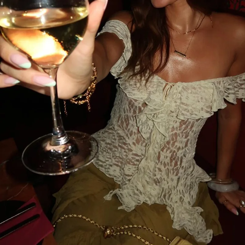 

European and American Style2026Autumn Irregular Patchwork Ribbon Women's Lace Trim Tie Off-Shoulder Top