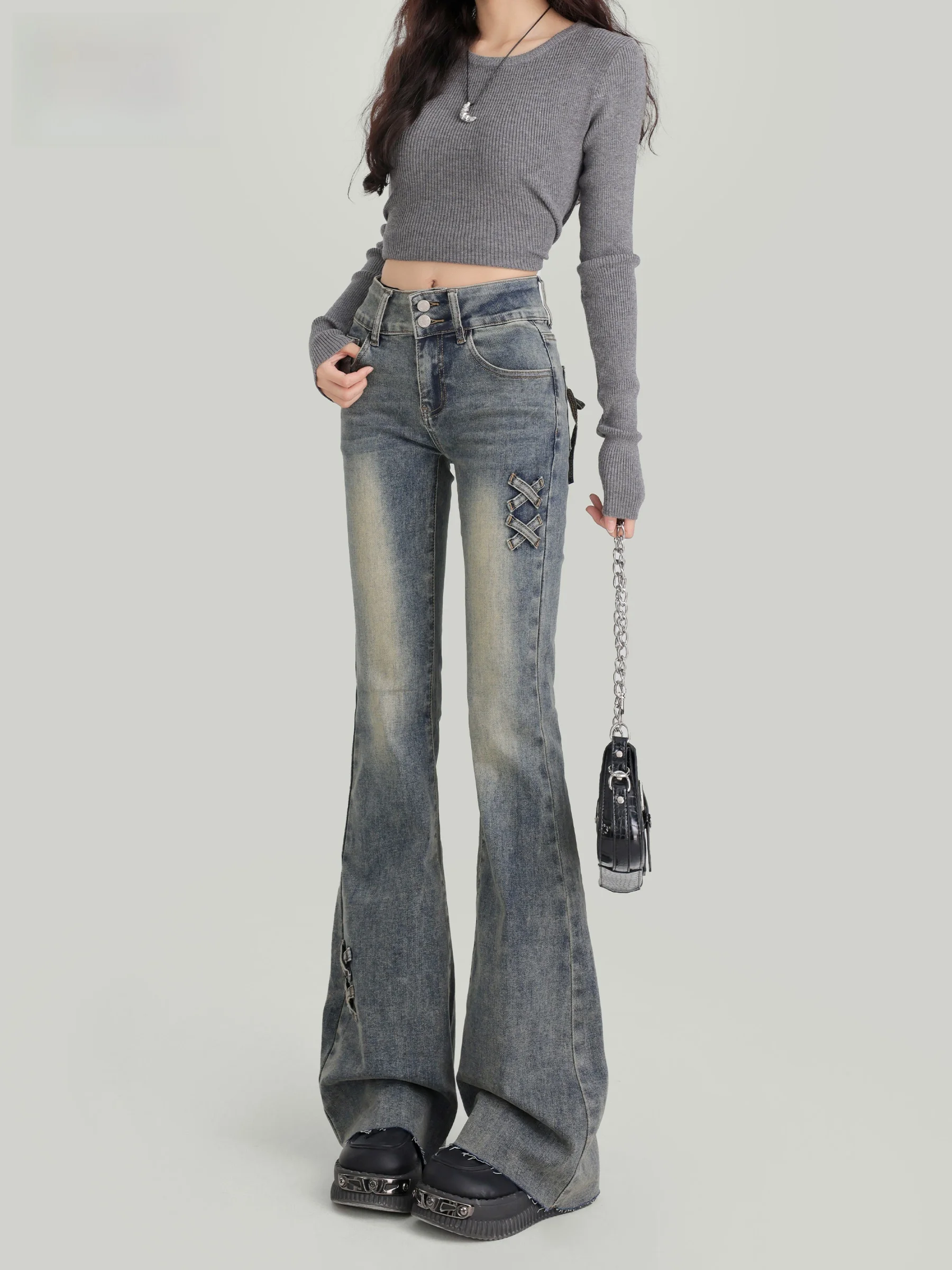 

Американские ретро-джинсы с высокой талией и расклешенными штанинами для женщин, утягивающие, маленьких размеров, весна-лето, новый стиль