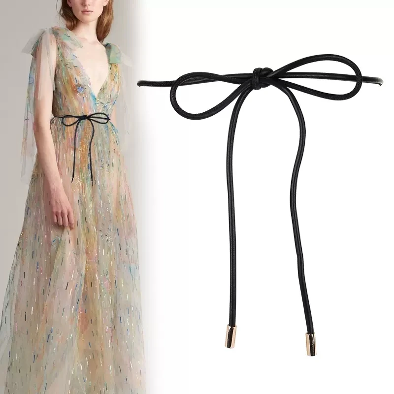 

Women Genuine Leather Waist Chain Thin Belt Vintage Female Thin Waistband rope Dress Coat Decor Long Waist Straps