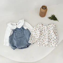 Spring And Autumn Newborn Baby Girls Baby Tee Cotton O-neck Floral Sweet Travel Solid Long-sleeved Korean Fashion Soft Casual