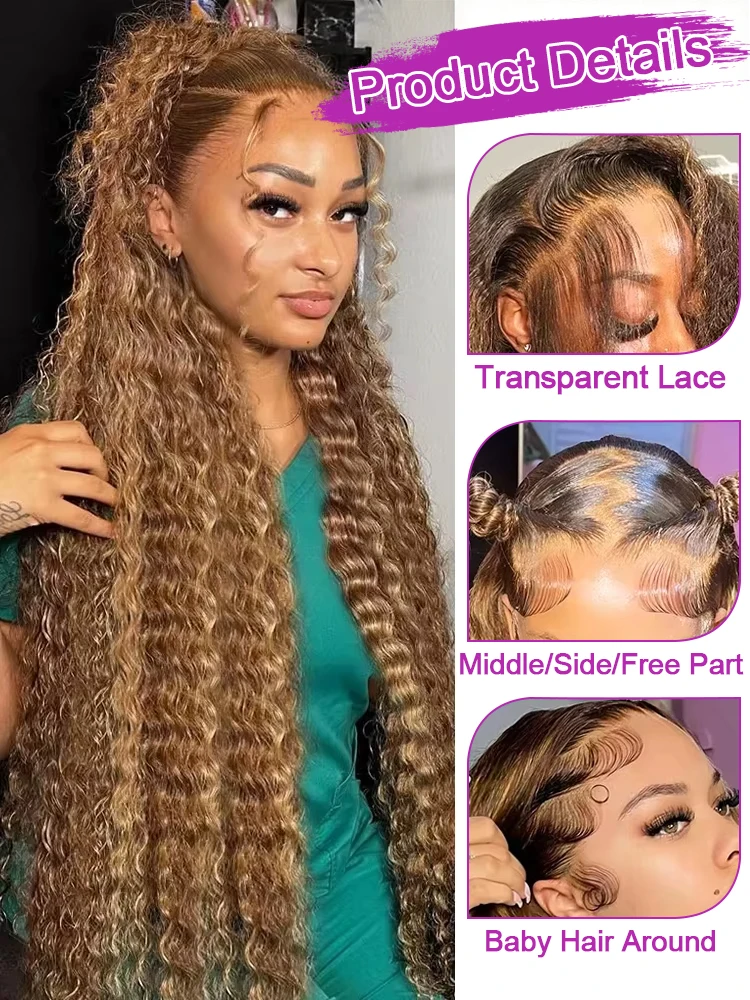Curly Wig Highlight Ombre 13x6 HD Lace Front Human Hair Wigs Glueless Wigs 13x4 Deep Wave Lace Frontal Wig For Women Wear And Go