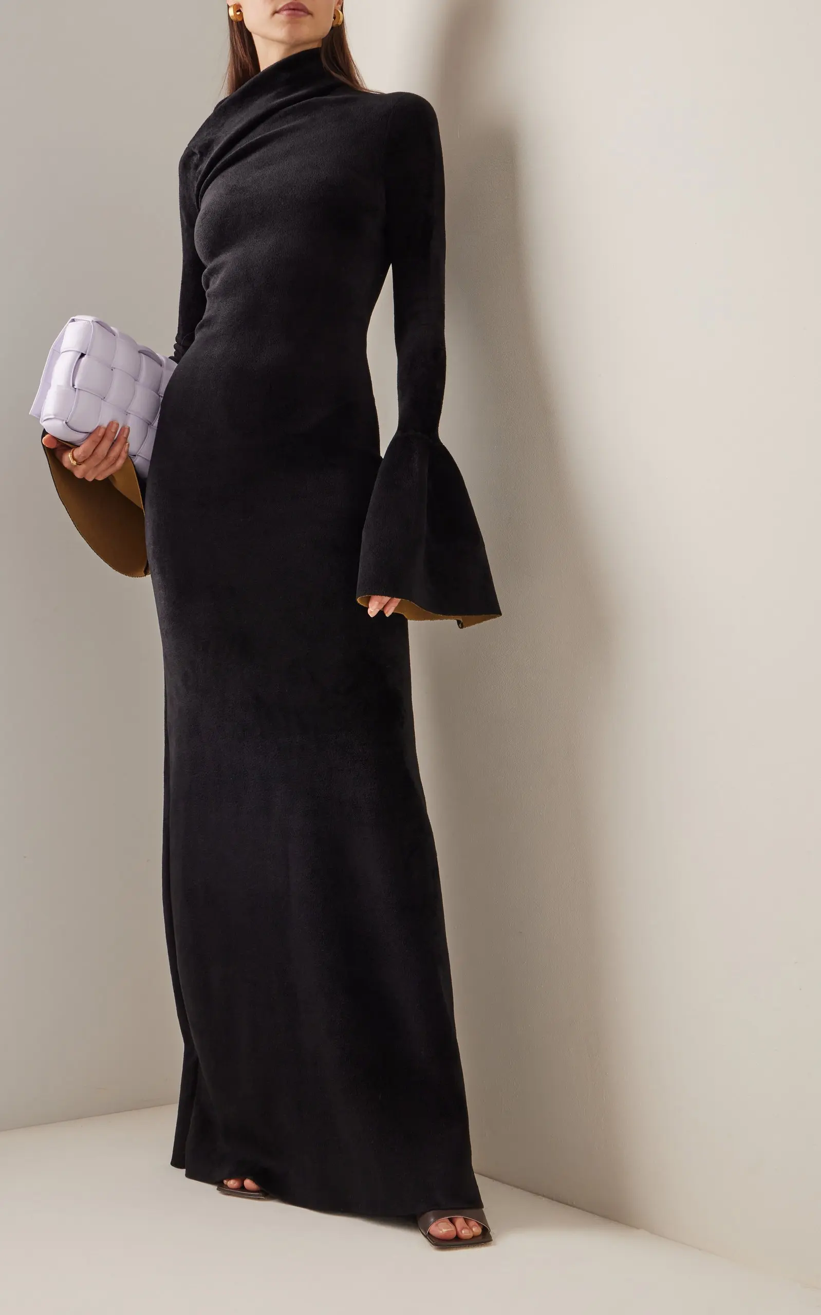 

Velvet Long Sve Dr Women's Autumn Winter High Waist Slim Fit Sta Collar One oulder Flared Sve Maxi Dr