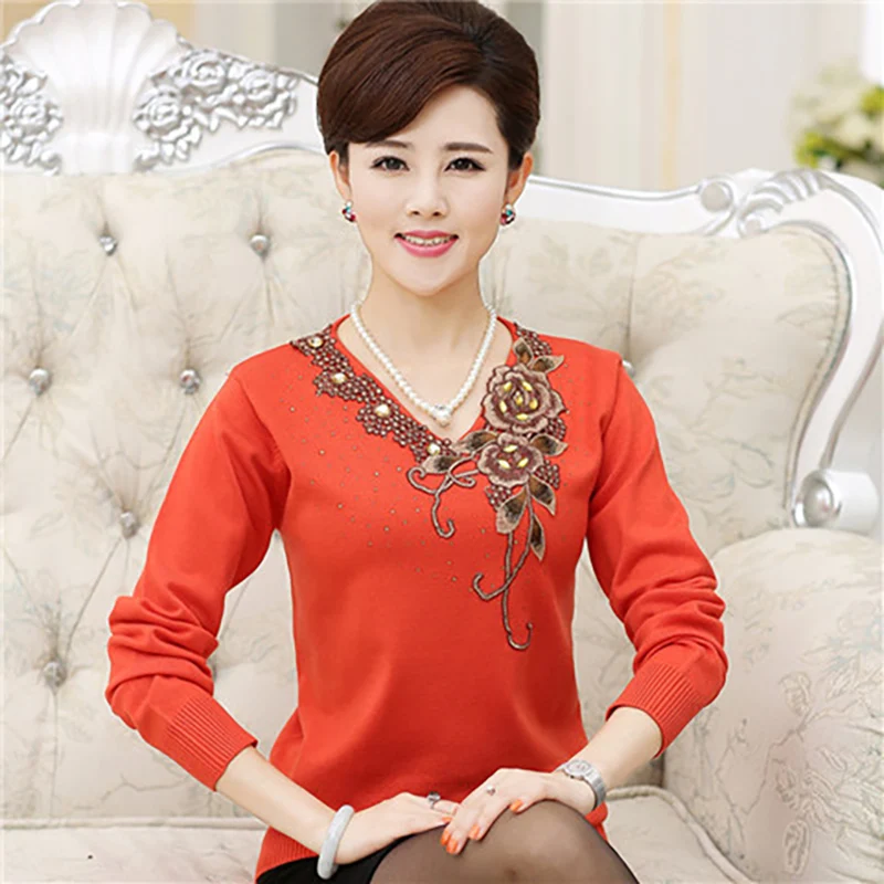 Elegant V-Neck Knitted Embroidery Beading Sweaters Women's Clothing 2023 Autumn Winter Loose Korean Pullovers Office Lady Tops