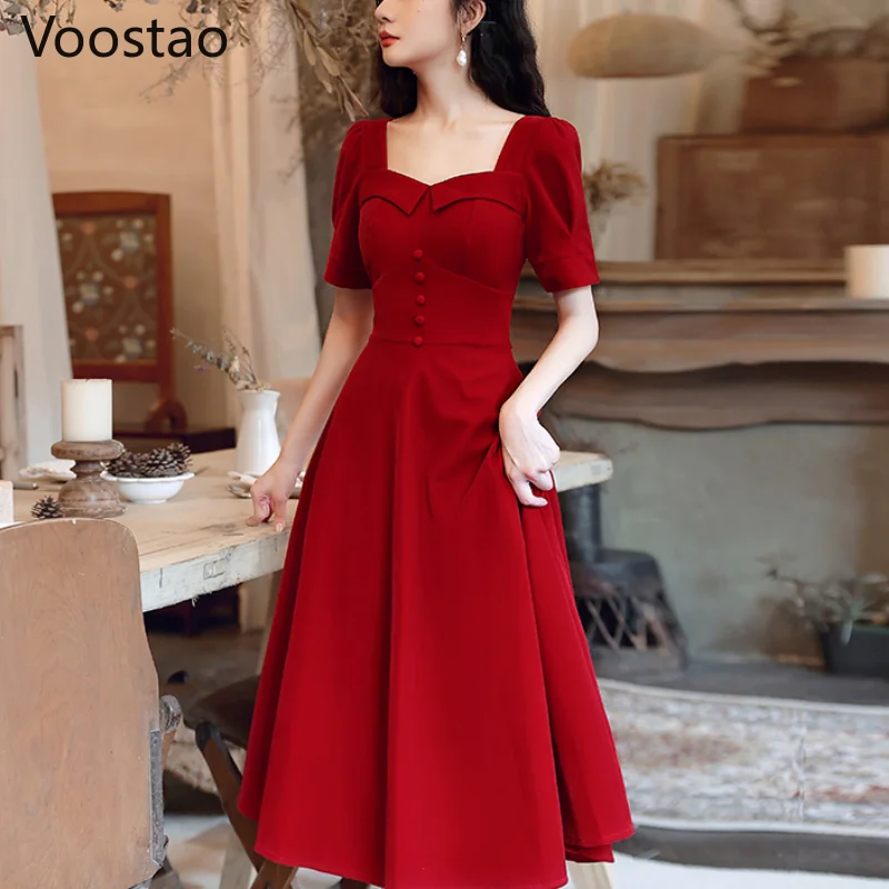 Summer Vintage Women Chic Square Collar Red Slim Party Dresses Lady French Elegant Short Sleeve Wedding Dress Female Vestidos