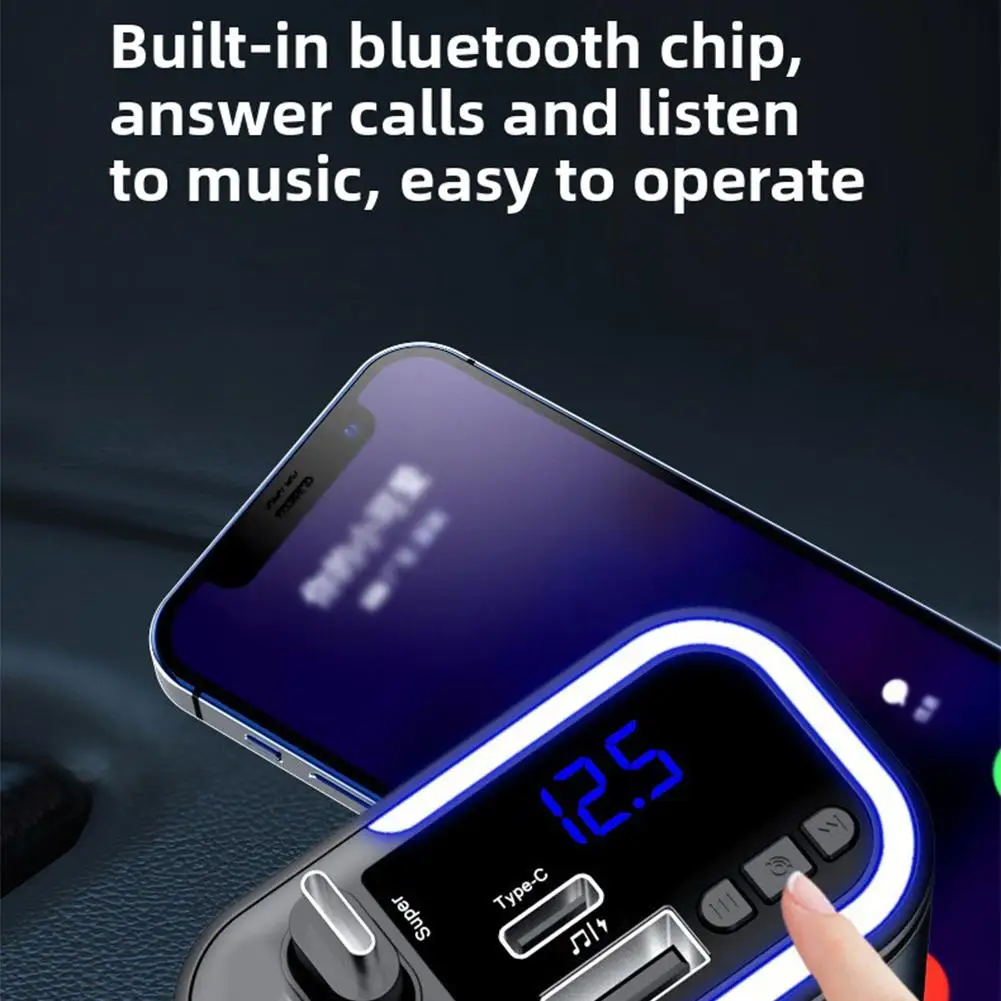 Bluetooth Car FM Transmitter Music Player with Blue Ambient Light High Resolution Stereo Lossless Playback Fast Charging