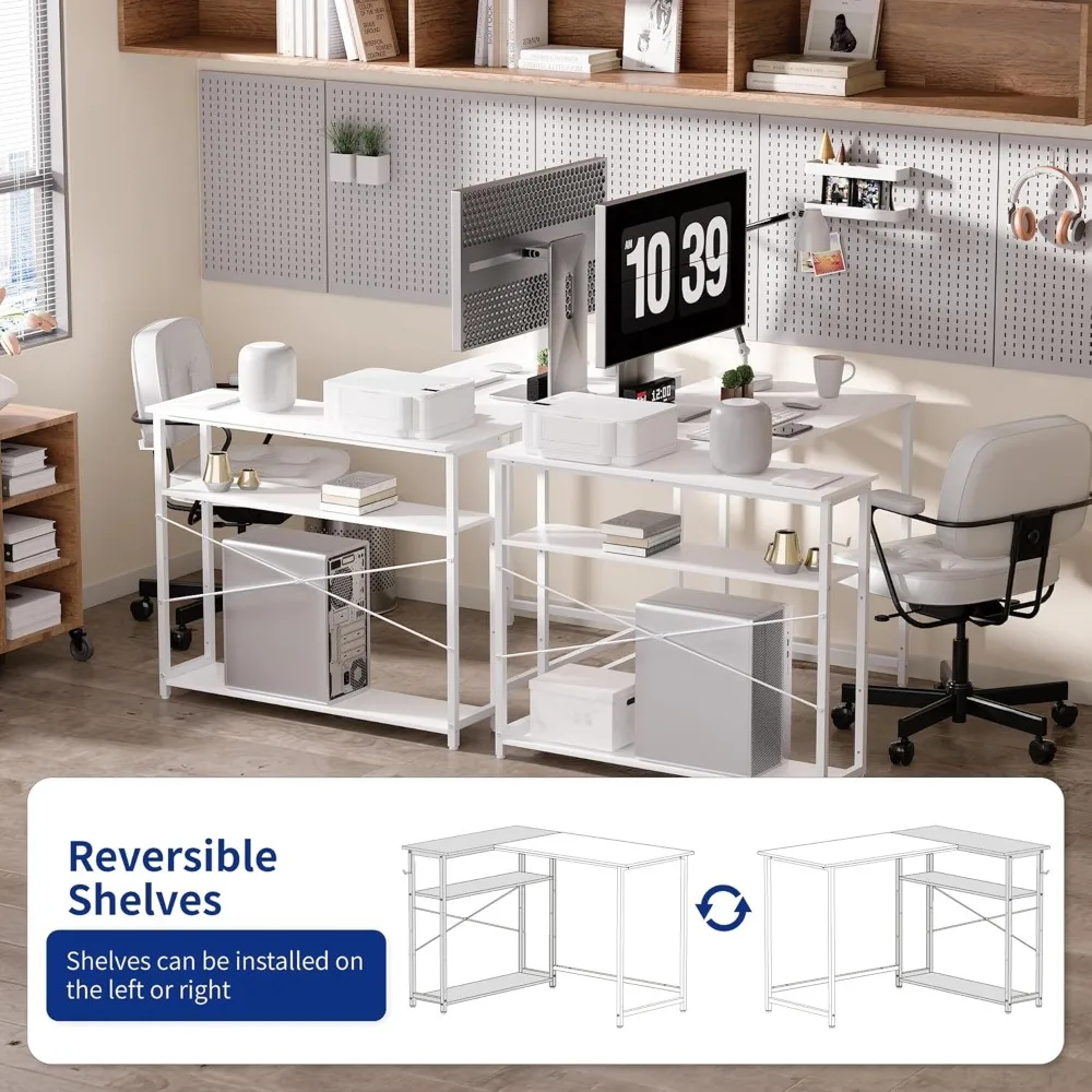L-Shaped 43 Inch Computer Desk with Reversible Side Storage, Corner Desk for Small Spaces, Home Office Writing Desk