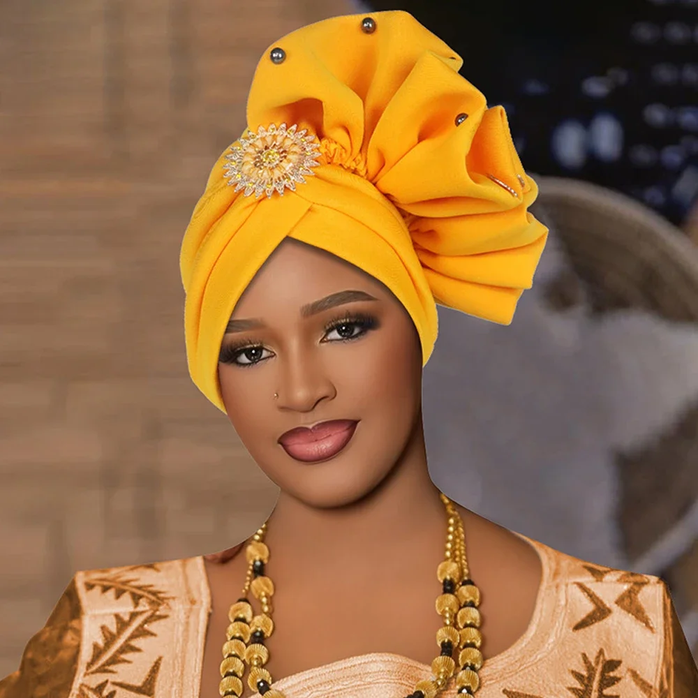 

New African Auto Gele Headties Diamonds Turban Cap Ruffle Flower Bonnet Hijab Nigeria Wedding Party Headwear Already Made Hats