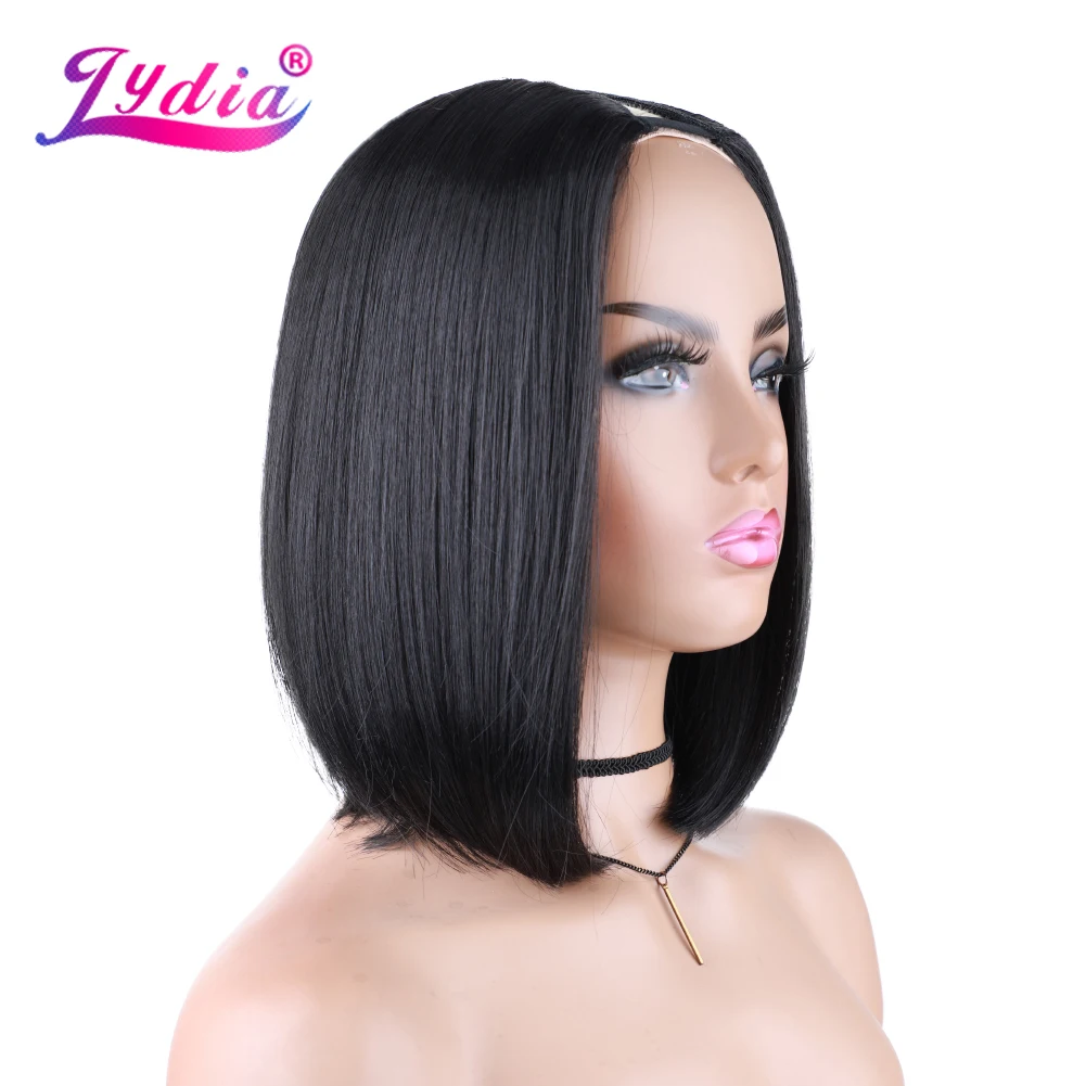 Lydia Silky Straight Bob V Part Black Color Hair Wig Heat Resistant Synthetic 12 Inch For Women  Ladies Daily Wigs