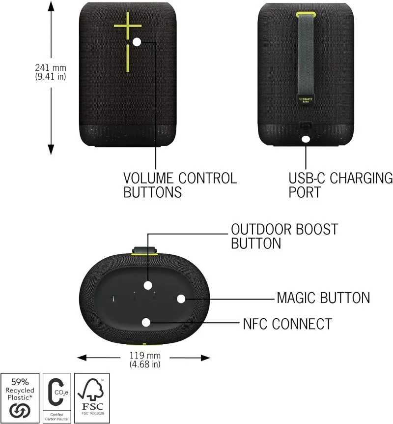 Altoparlante Bluetooth Wireless portatile UE EPICBOOM con bassi grandi, suono a 360 °, impermeabile IP67, batteria da 17 ore-nero carbone di legna