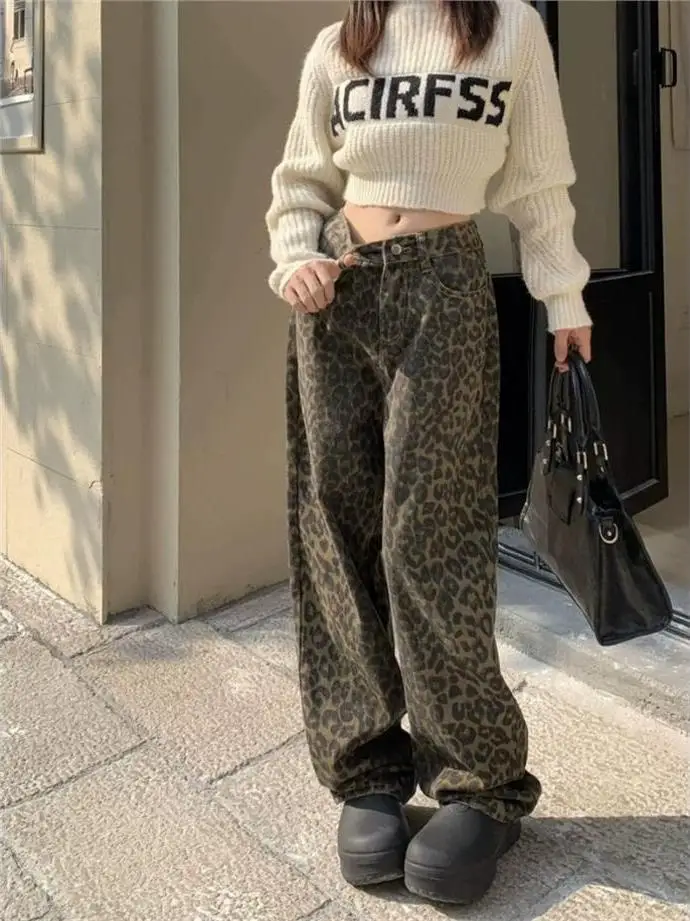 

American Sle Leopard Print Wide Leg Jeans Women's Small Size Spring Autumn Design Retro High Waist Slim Loose Straight Leg ...
