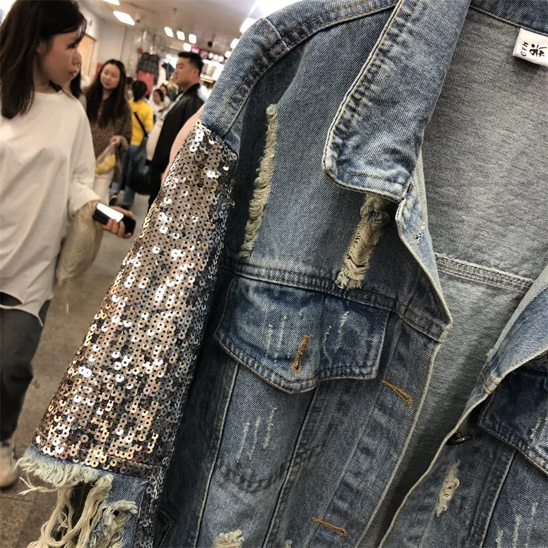 2024 Spring Woman Jackets Denim Fashion Sequin Hole Jacket Female Spring Autumn Jean Outwear Chaquetas Coat Woman Bling Overcoat