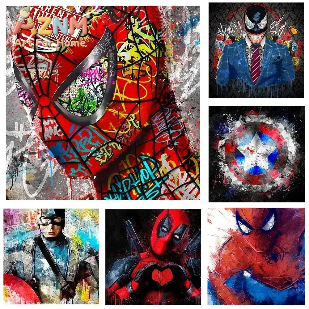 AZNM Marvel Superhero Graffiti Canvas Wall Art Frameless Poster Spider-Man Venom Captain America Street Art Print Room Decor