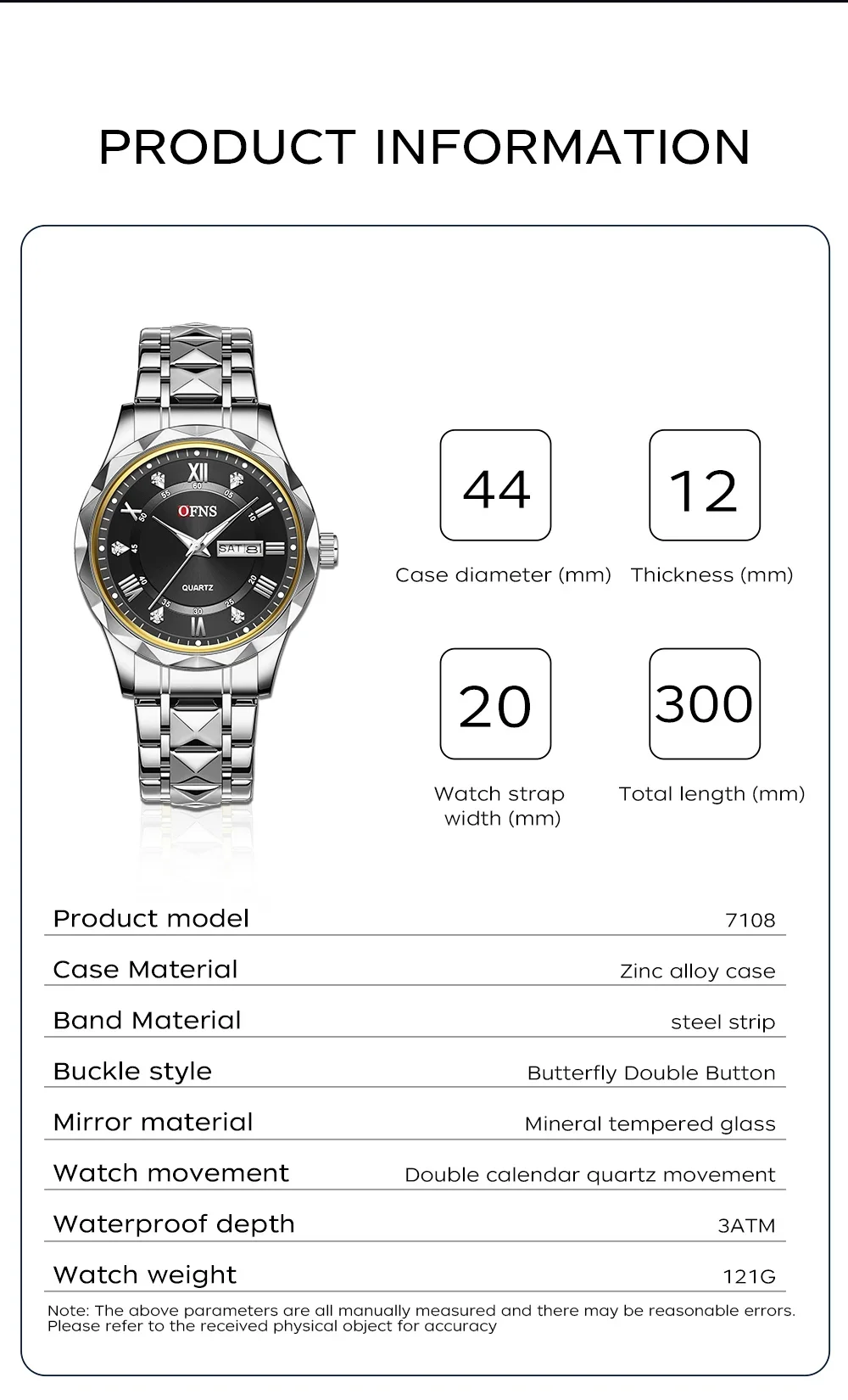 OFNS 7108 패션 비즈니스 남성용 다이아몬드 상감 더블 캘린더 방수 축광 쿼츠 시계 럭셔리 남성용 쿼츠 시계