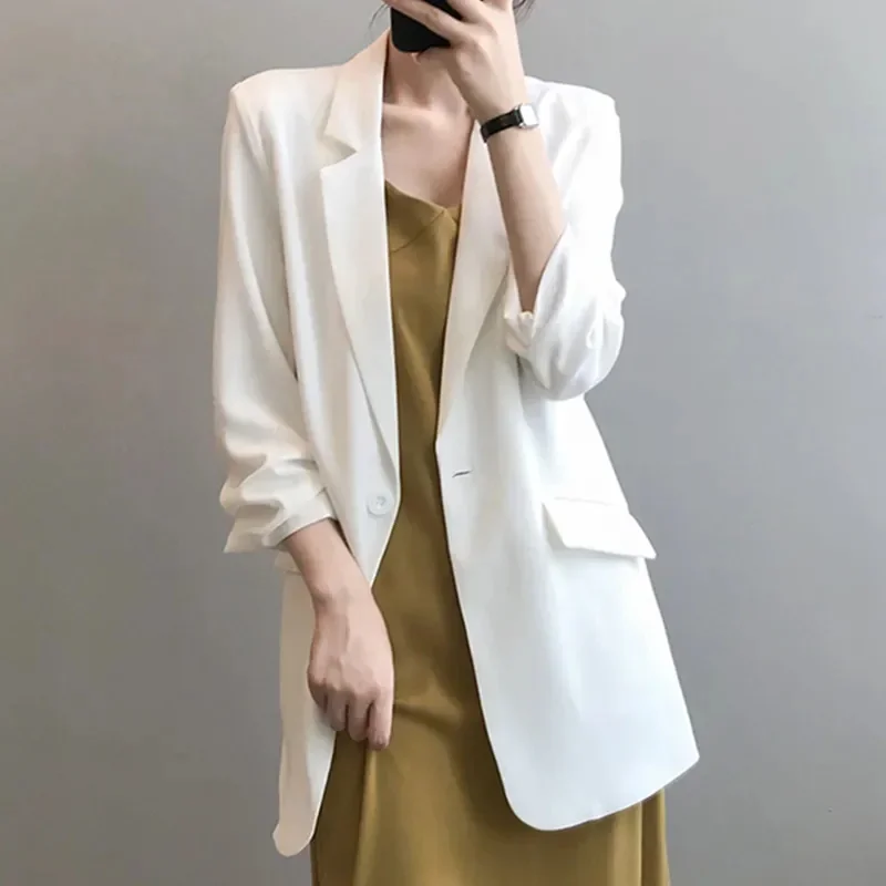 

Chiffon Suit Coat Women's 2024 Summer New Korean Loose White Thin Long Blazers Jacket Solid Color Sunscreen Shirt Women Blazer