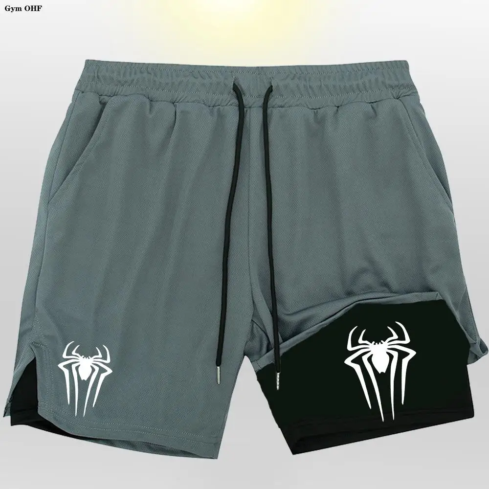 Gym Fitness Training Shorts Mens Summer 2 In 1 Quick Dry Beach Outdoor Jogging Shorts Sport Short Pants Man Anime Spider Print