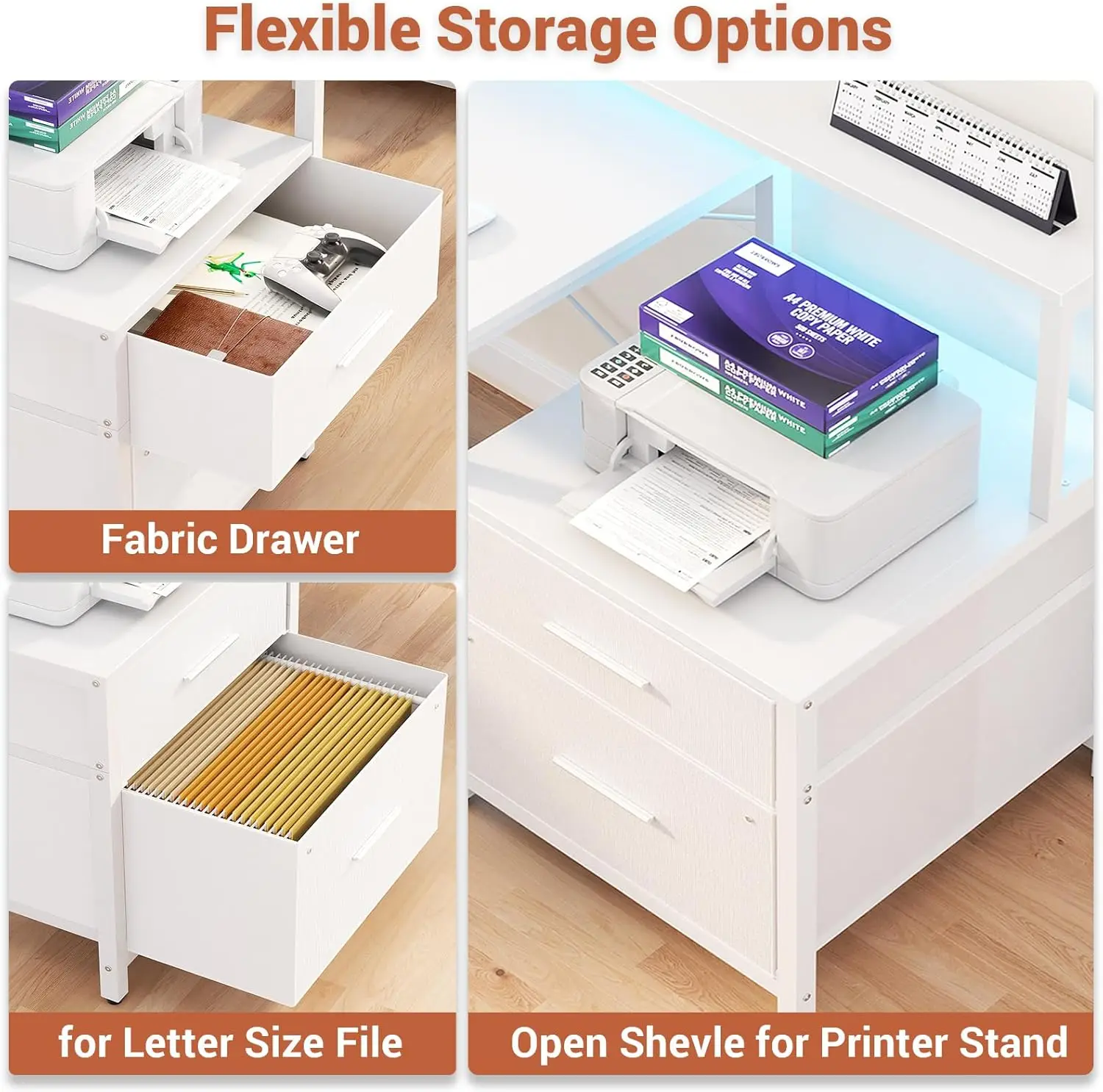 66' Reversible L Shaped Desk, File Drawer, Power Outlet, LED Strip, Gaming Desk, Monitor Stand, Storage, White