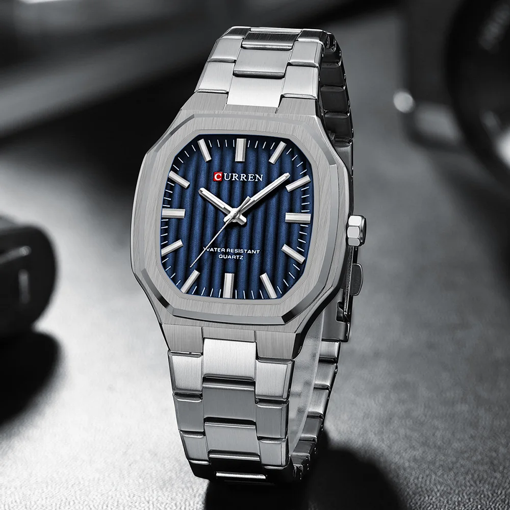 CURREN 8458 นาฬิกาสี่เหลี่ยมหน้าปัดเล็กนาฬิกาลําลองกันน้ํานาฬิกาคู่รักเรียบง่ายนาฬิกาข้อมือหน้าปัดเล็ก