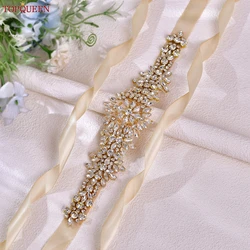 TOPQUEEN S319-G Plus Size Bridal Gowns Belts Golden Belts for Women Rhinestones Belt Girlfriend Luxury Ribbon Belt Wedding Sash