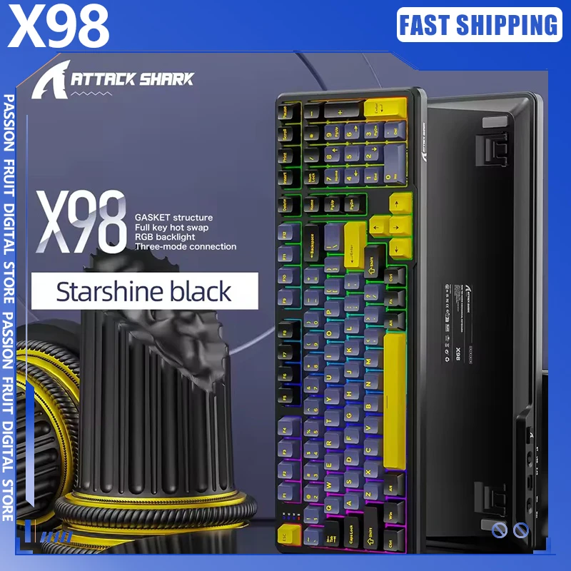 

Беспроводная игровая клавиатура Attack Shark X98 с цифровой клавиатурой, колпачки для клавиш RGB PBT с возможностью горячей замены, аккумулятор 4000 мАч, поддержка ПК/ноутбука