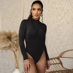 Y2k Solid Zipper Bodycon Bodysuits Women Sexy Mock Neck Autumn Long Sleeve Fashion Slim Basic Body Winter Gray Outfits Lady