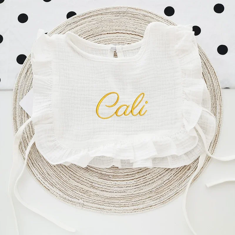 Custom Personalized Name Embroidered Muslin Cotton Gauze Ruffle Baby Bib Baby Girl Bib Baby Shower Gift