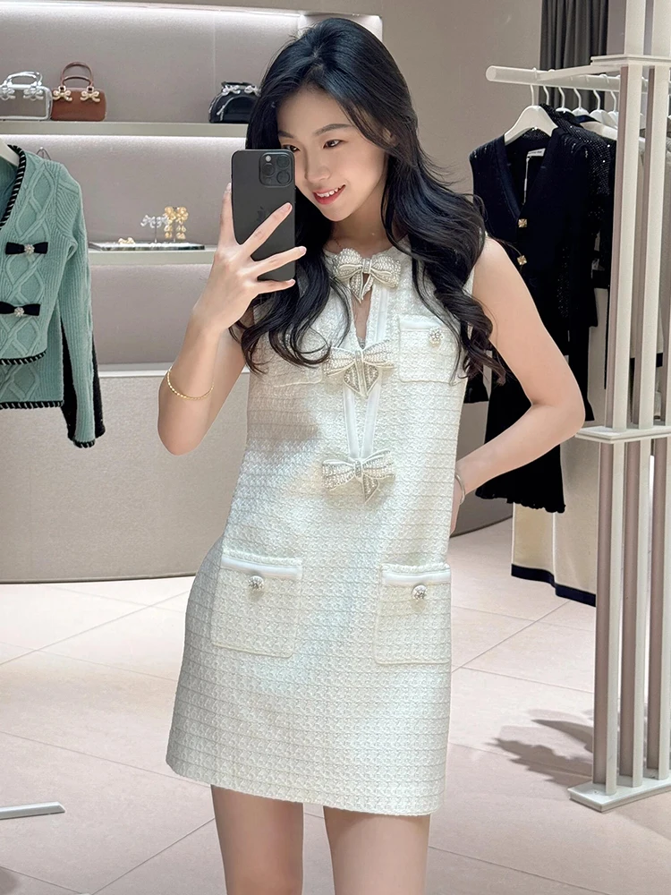 

High-End Summer Tweed Vest Plaid Design Small Fraance Sle Dr Ele Commute Knot High Waist A-Line Skirt
