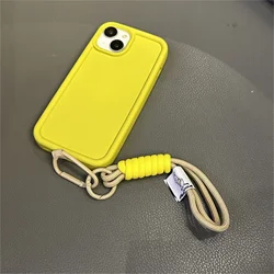 Cute Portable Anti-loss Hand Strap Yellow Simple Case For iPhone 15 14 13 12 11 Pro Max Shockproof Cover