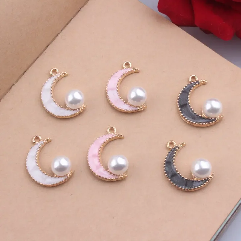 10pcs Enamel 18*25 Moon Charms Imitation Pearl Embellishment Pendant  Fit Brands Necklace Bracelet DIY Jewelry Making Accessory