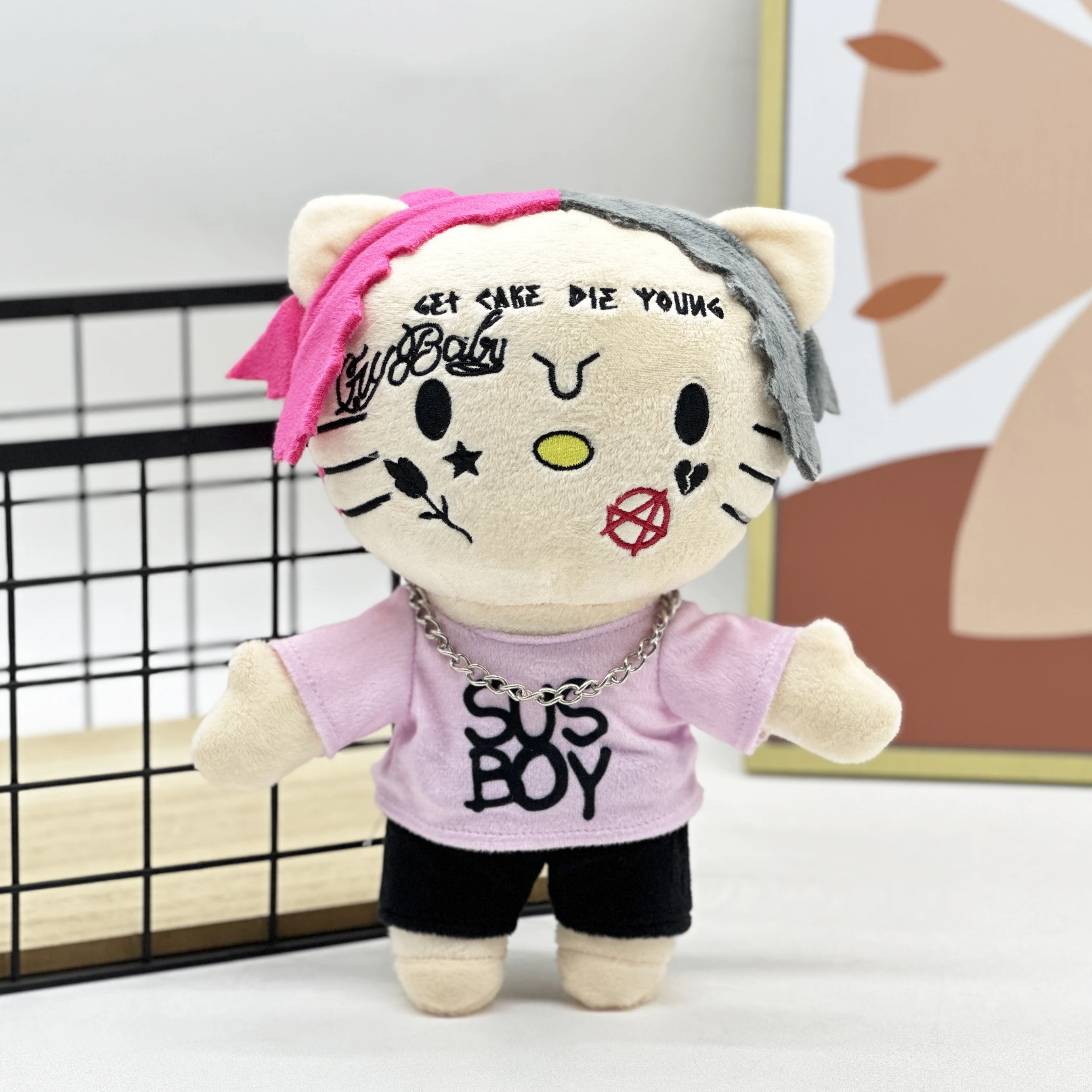 

24cm LIL PEEP Hello Kitty Plush Anime Doll with Pink Clothes Necklace Stuffed Soft Plush Toys Cute Boys Girls Birthday Gift