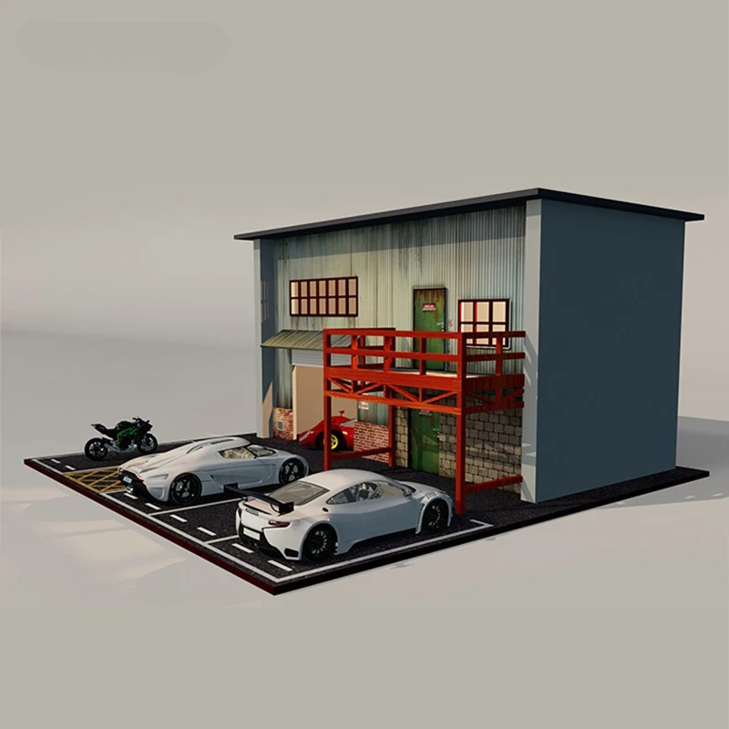 Diorama 1:64 modelo de estacionamiento americano casa pequeña edificio de madera con luces simulación coche garaje escena modelo de exhibición