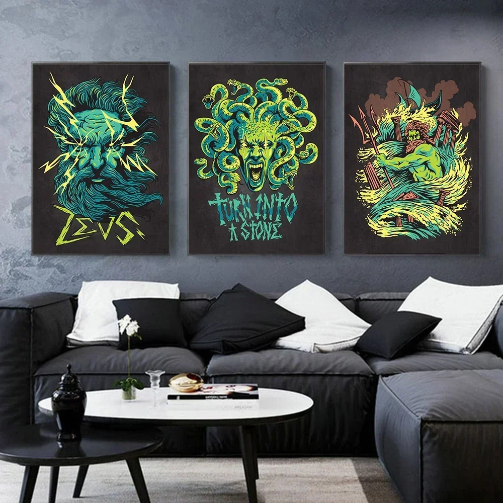 أثينا ميدوسا زيوس مينوتور بوسيدون سيربيروس الآلهة اليونانية المشارك طباعة على قماش جدار الفن اللوحة لغرفة المعيشة ديكور المنزل #3