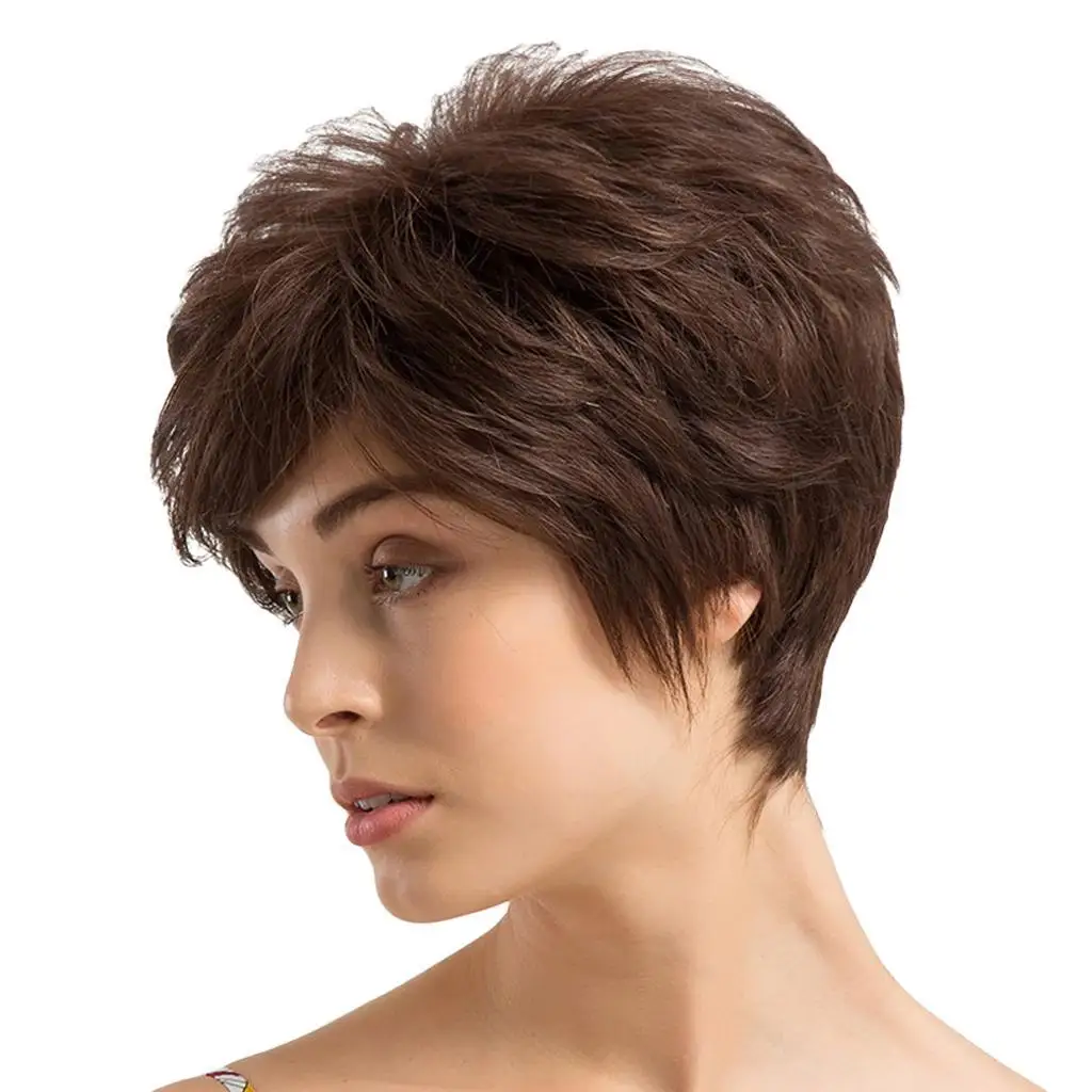 Natural Looking Short Straight Wigs, Soft Mixed Synthetic Full With Natural Side Part Fringes for Fashion Women