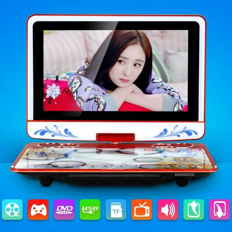 ألعاب محمولة مقاس 13 بوصة ثلاثية الأبعاد عالية الدقة بشاشة كبيرة مشغل DVD EVD آلة مسرح متنقلة تغني الفيديو مع بطاقة تلفزيون ومكبر صوت MP3 لعبة موسيقى