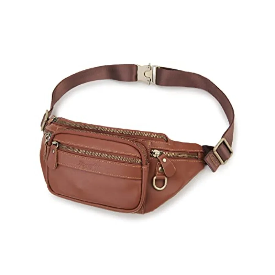 Riñonera de Cuero Genuino para Hombre y Mujer, Estilo Vintage, con 6 Bolsillos con Cremallera, para Viajes, Senderismo y Correr al Aire Libre
