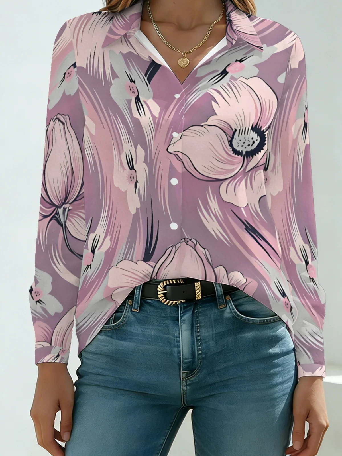 Chinese Style Minimal Lotus Womens Collared Shirt Pink Lavender Gradient Ink Painting Flower Allover Print Long Sleeve Gentle Da
