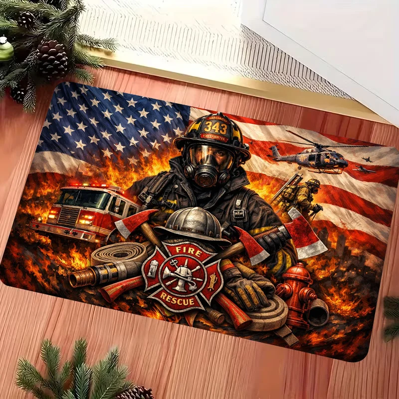 2D‑Printed Firefighter Rescue Themed Rug, Decor for Foyer, Bedroom, Balcony, Indoor‑Outdoor Parties