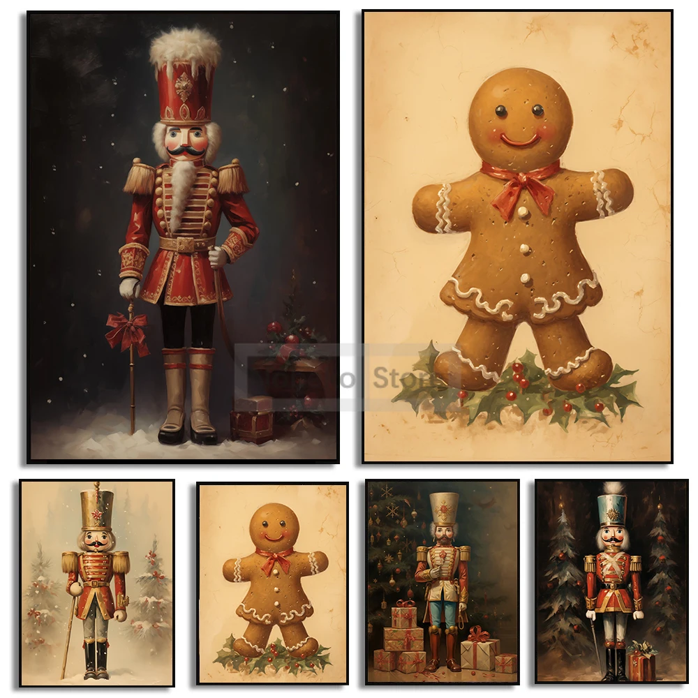 Vintage Christmas Nutcracker Gingerbread Man Posters Christmas Festive Holiday Prints Canvas Painting Wall Art Home Room Decor