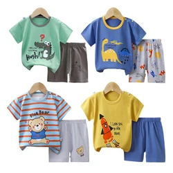 Summer Cartoon T-Shirt+Shorts 2-Piece Clothing Set Cotton Pajama Kids Baby Boys Girls Stripe Casual Tracksuit Clothes Suit 1-6 Y