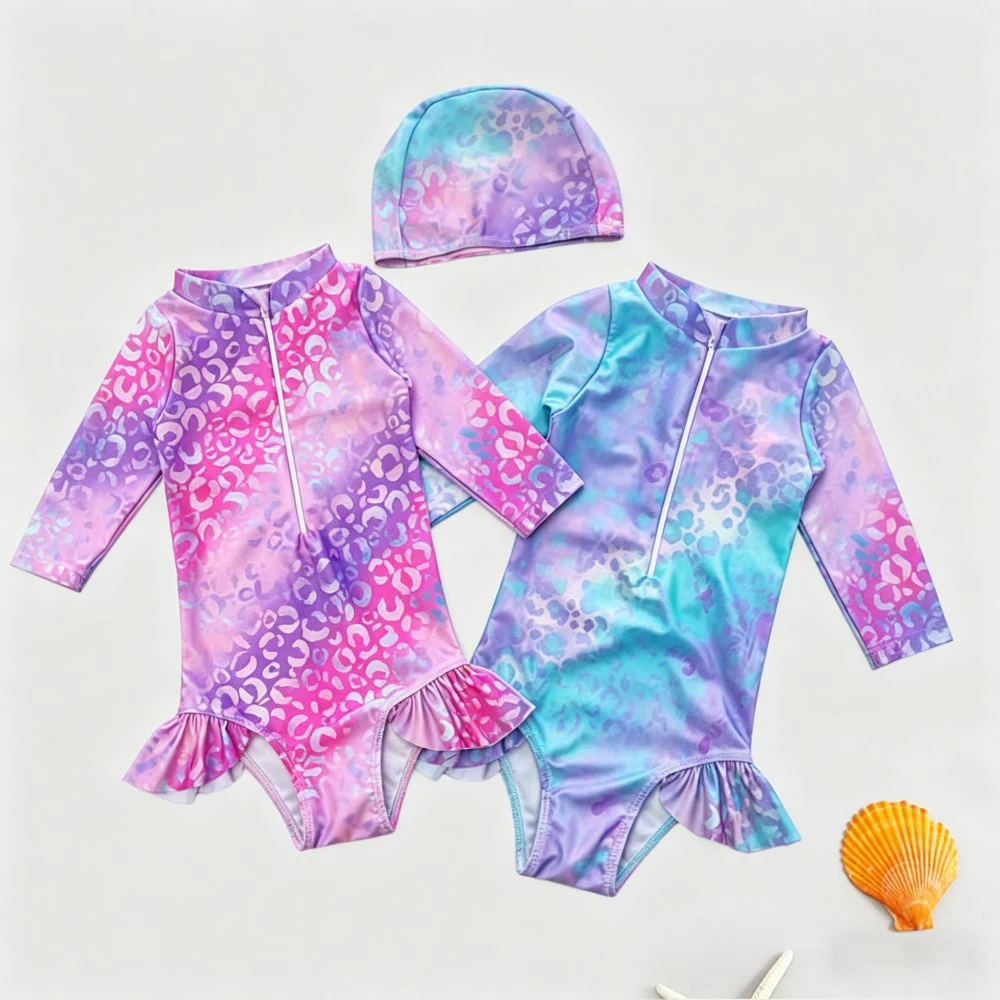 Baby Girls Sun Protection Swimsuit Toddler Swimwear Long Sleeve Sun Protection Swimsuit Kids 1 2 3 4 5 6 Years Bathing Suit